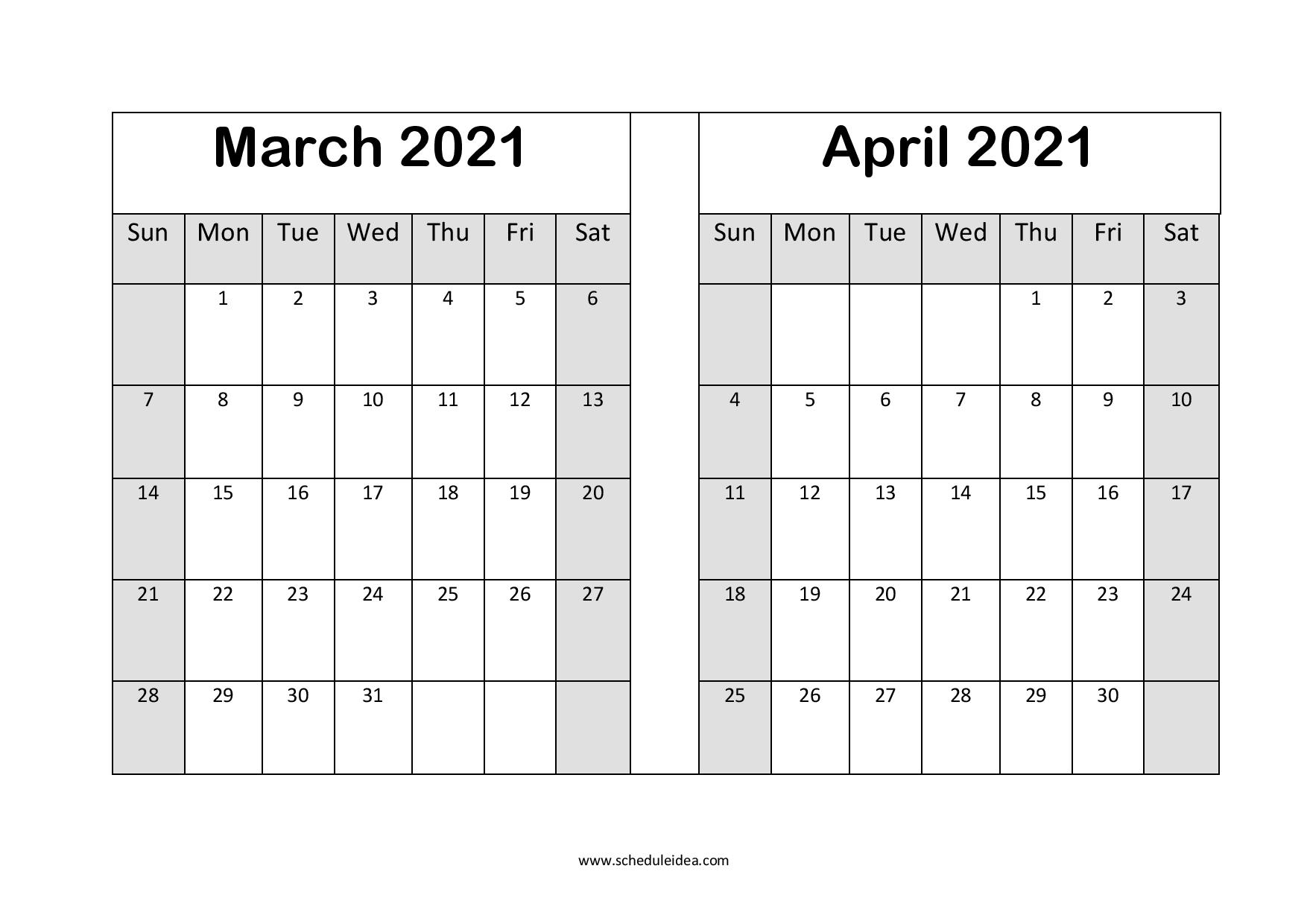 Printable March April 2021 Calendar (2 Months) Template