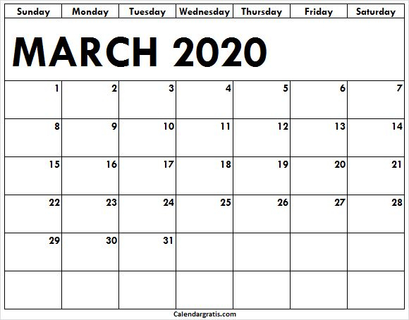 Printable March Calendar 2020 Starting From Sunday With