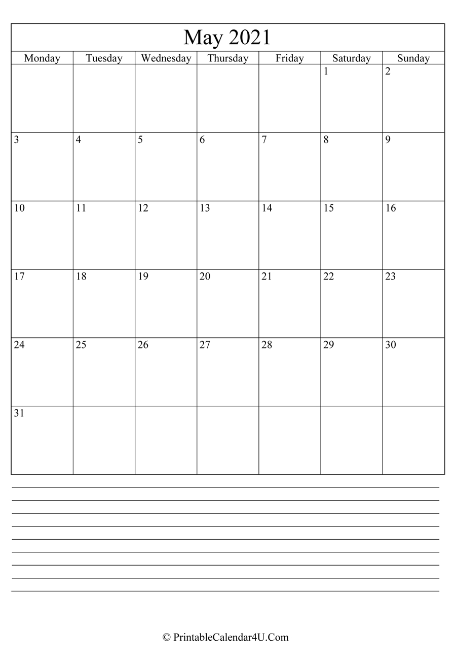 Printable May Calendar 2021 With Notes (Portrait)