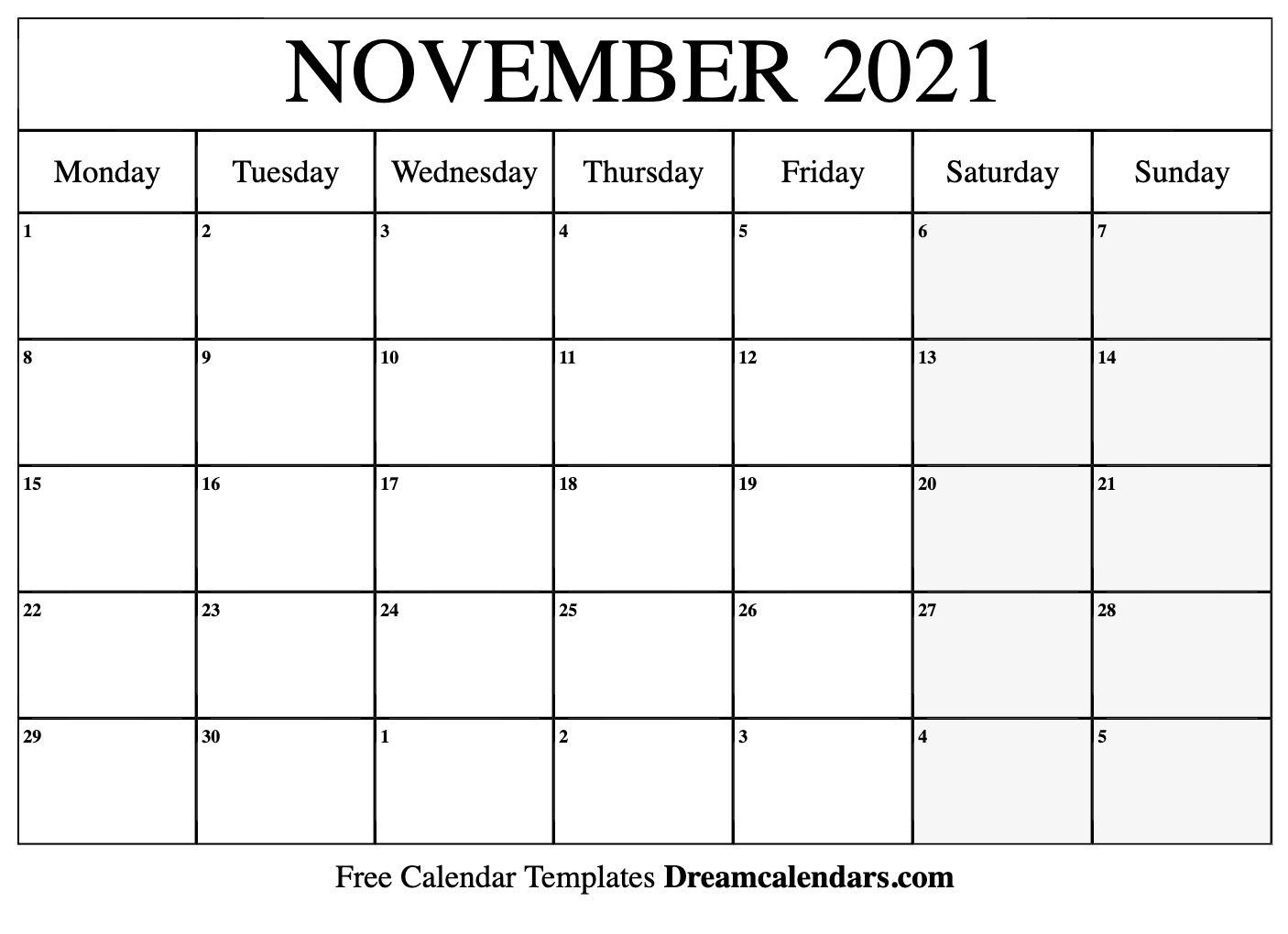 Printable November 2021 Calendar