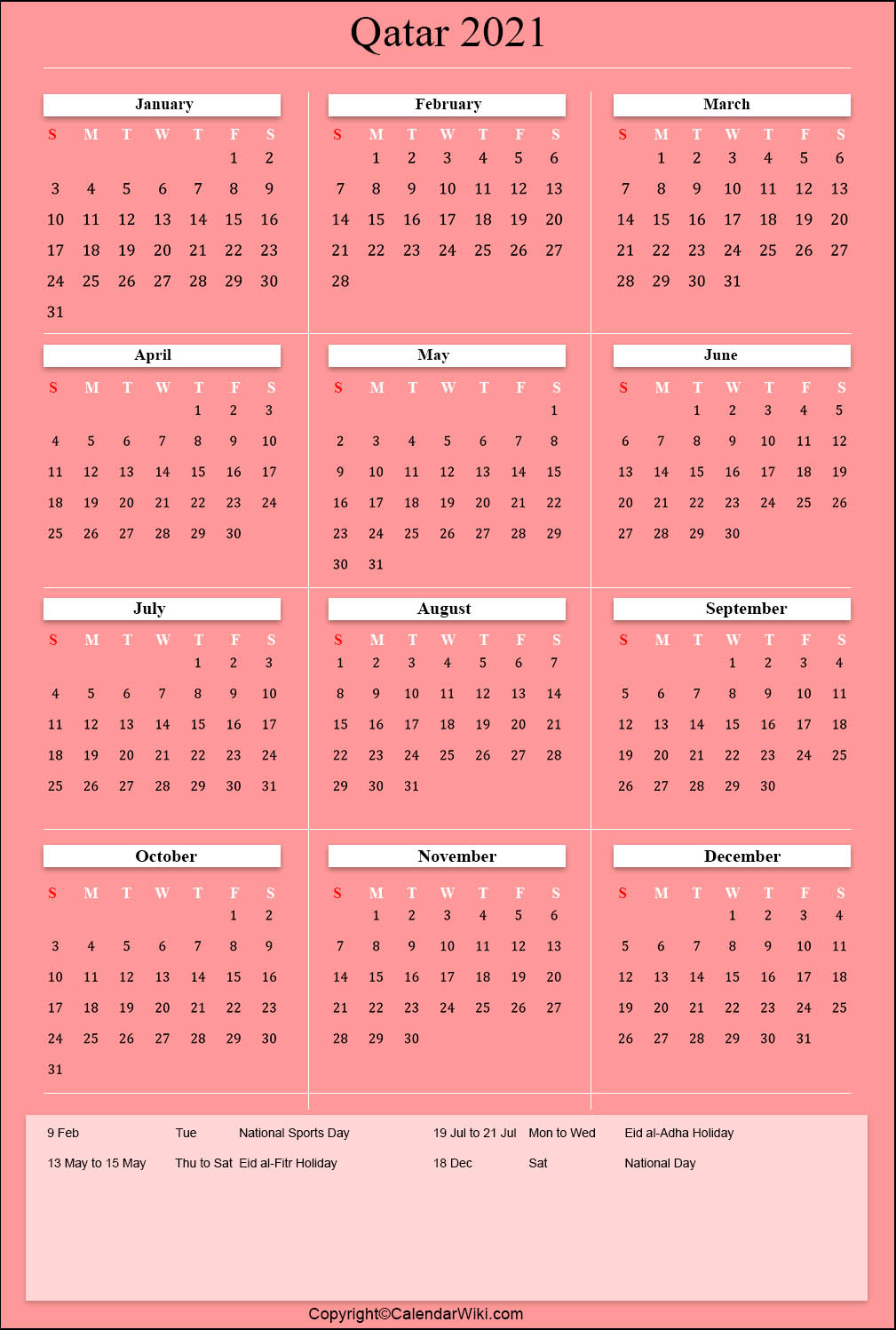 Printable Qatar Calendar 2021 With Holidays [Public Holidays]