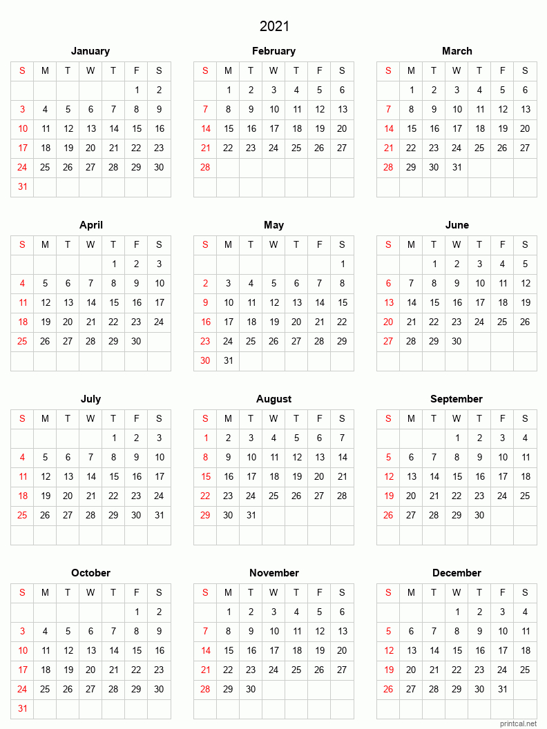Printable Yearly Calendar 2021 Full-Year | Free Printable