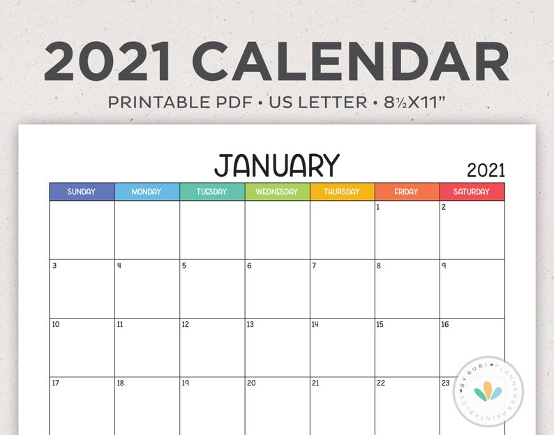 Sale Printable Monthly Calendar 2021 Calendar Printable | Etsy