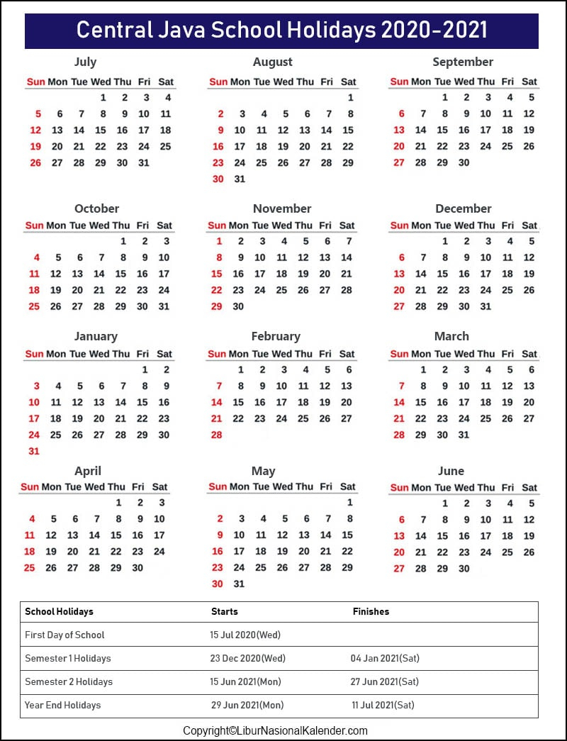 School Holidays Central Java 2020-2021 [Academic Calendar