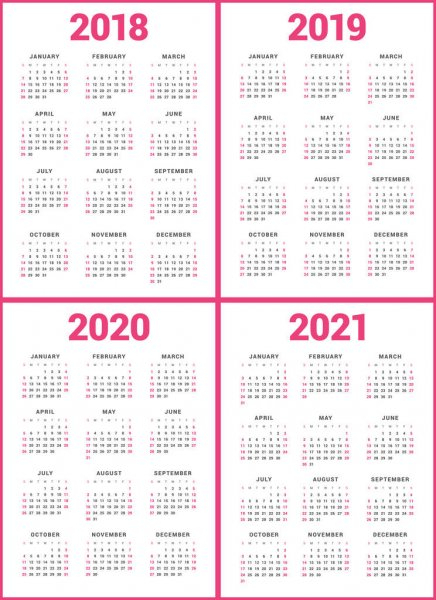 Set Of Calendars For 2018 2019 2020 2021 Years. Week