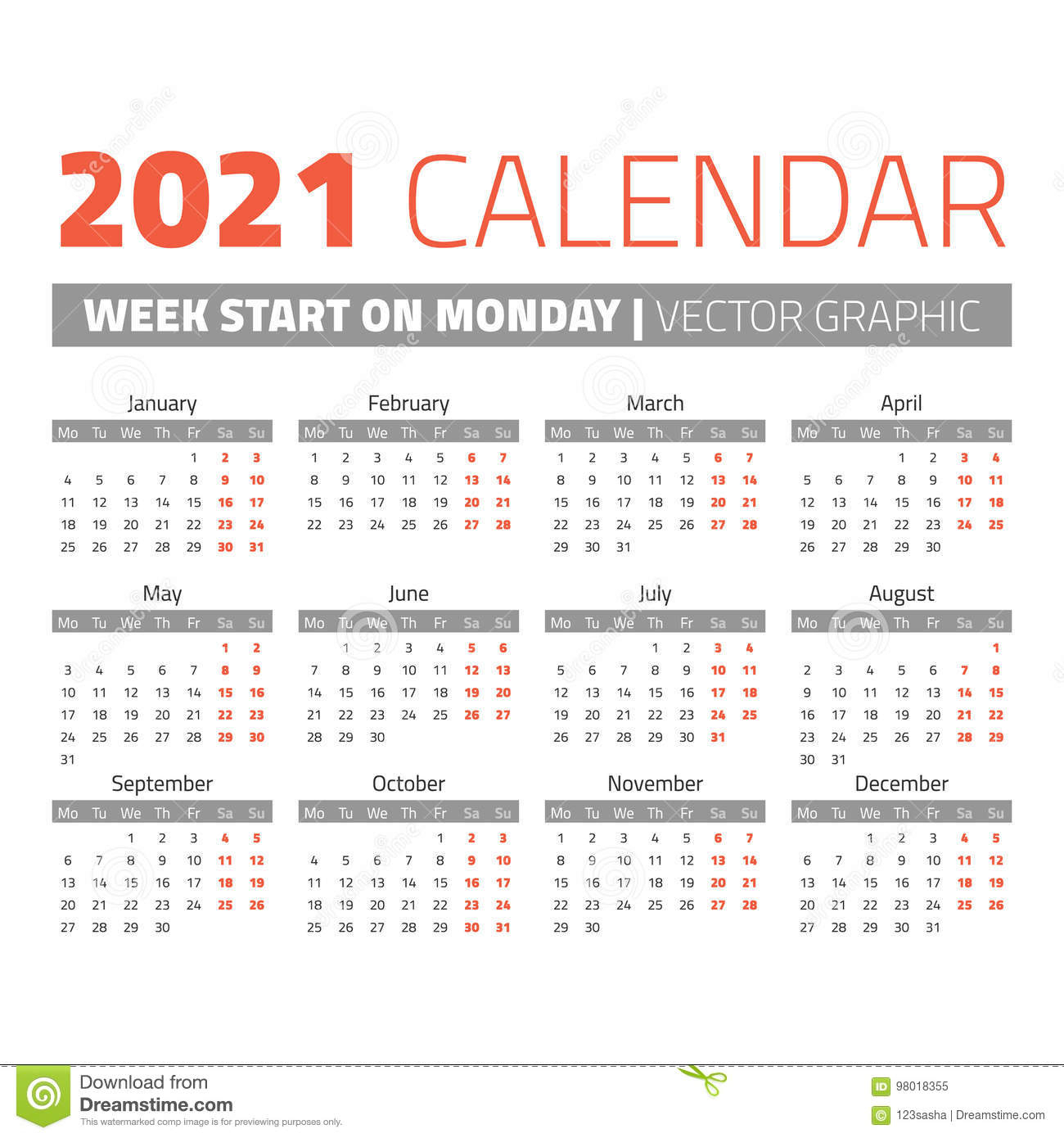 Simple 2021 Year Calendar Stock Vector. Illustration Of