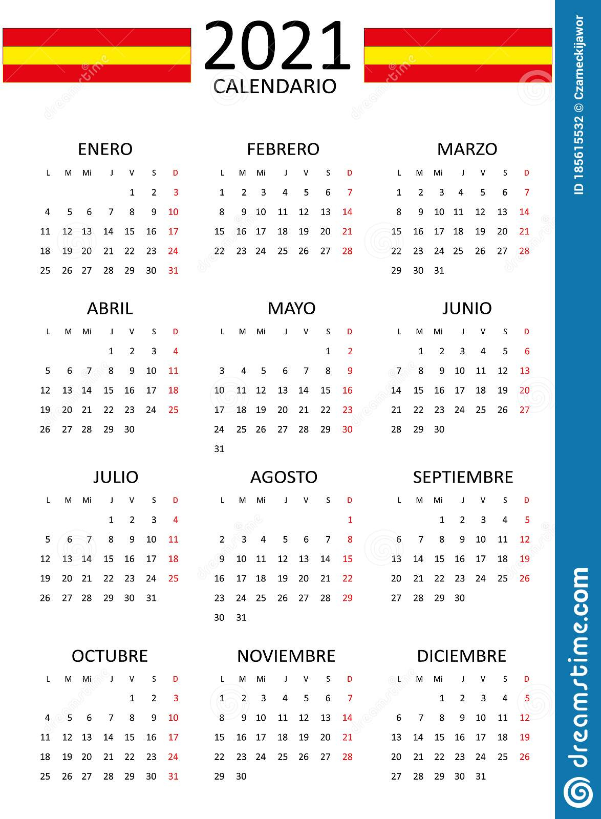 Spanish Calendar For 2021. 12 Months On One Page. Weekend