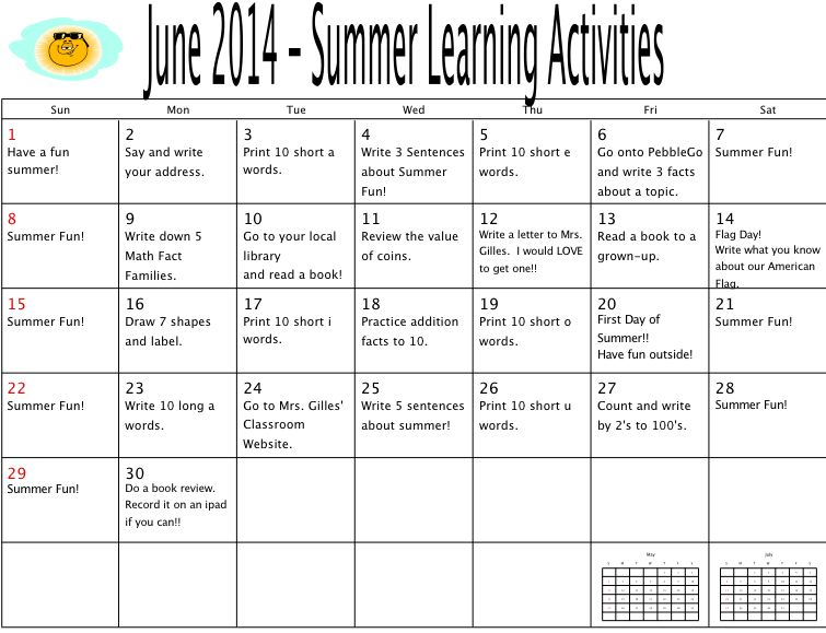 Summer Activities Calendar - Mrs. Klooster&#039;S First Grade