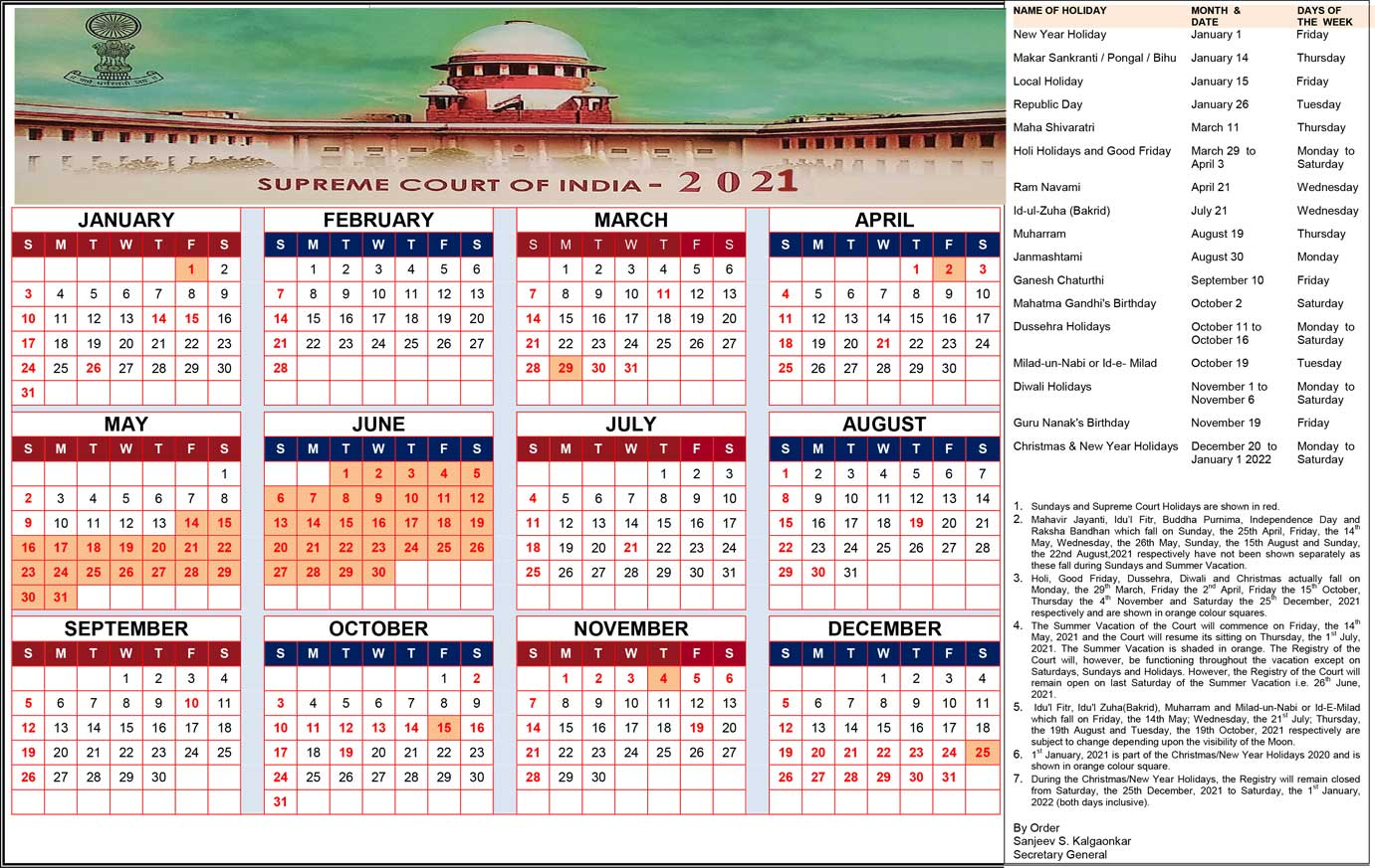 Supreme Court Calendar 2021 Holidays | Seg