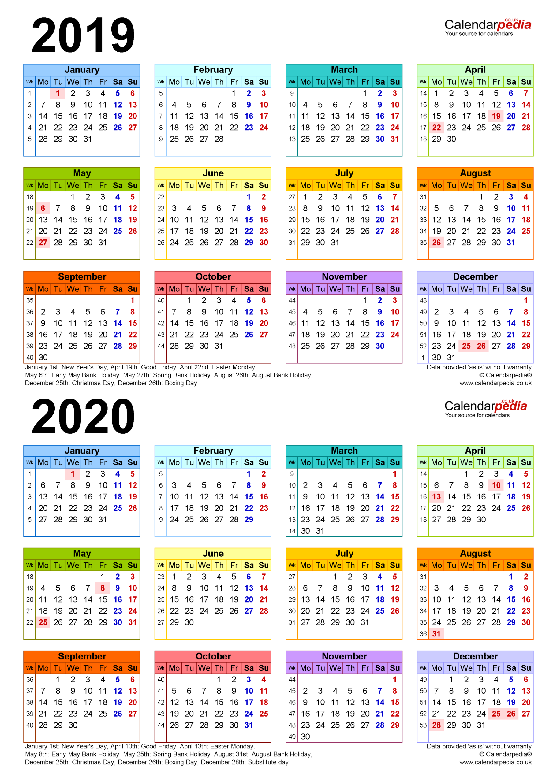 Two Year Calendars For 2019 &amp; 2020 (Uk) For Word