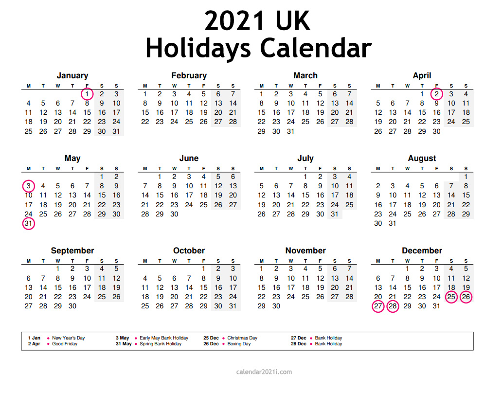 Uk 2021 Calendar Printable Holidays Word Excel Pdf