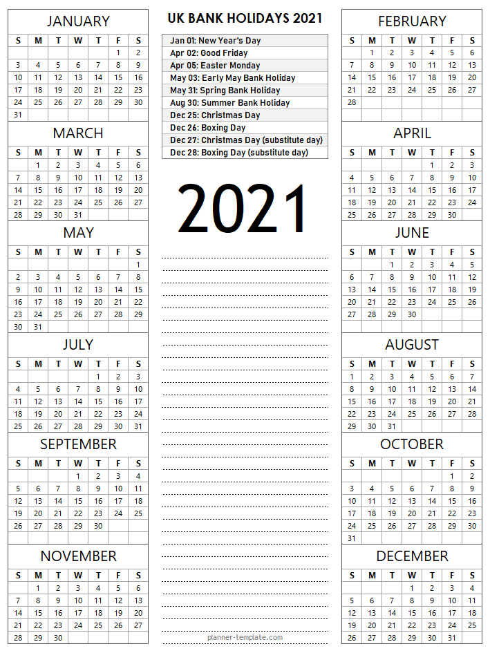 Uk Holiday 2021 Calendar Template - School Bank Public