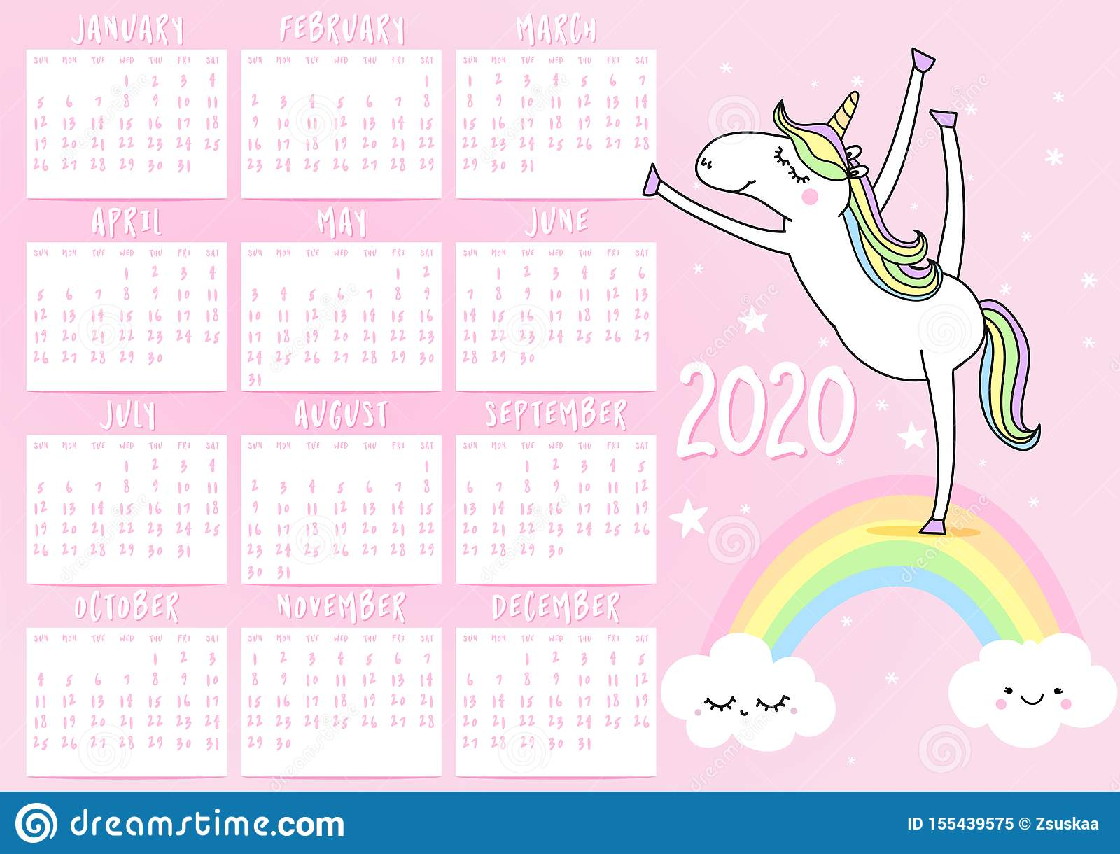 Unicorn Calendar For 2020 Year. Stock Vector