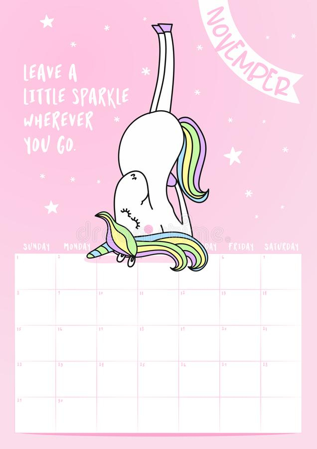 Unicorn Calendar For 2020 Year. Stock Vector