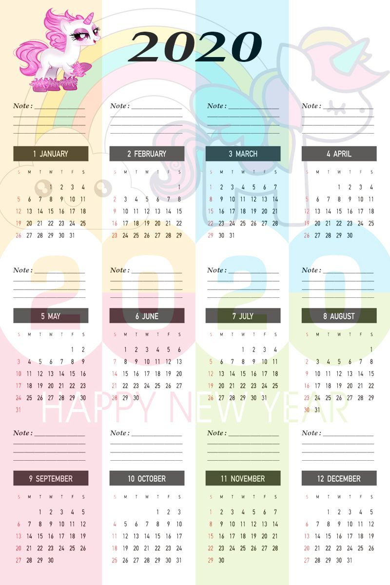 Unicorn Calendar Template 2020 | Calendar Template