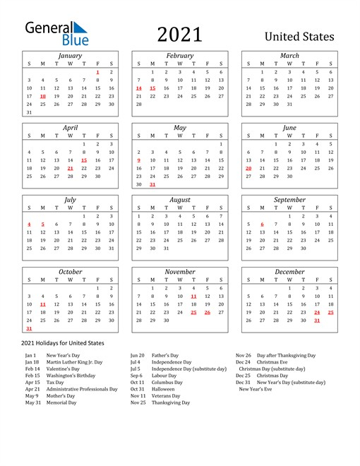 2021 Printable Calendar With Federal Holidays