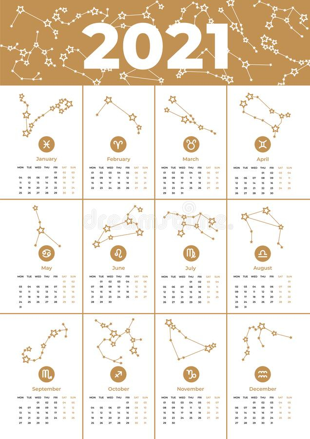 Vector Calendar 2021 A3 Template. Zodiac Signs