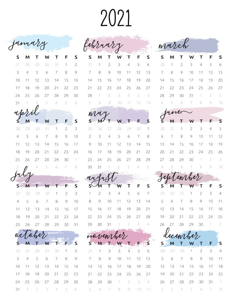 Watercolor One Page 2021 Calendar - World Of Printables