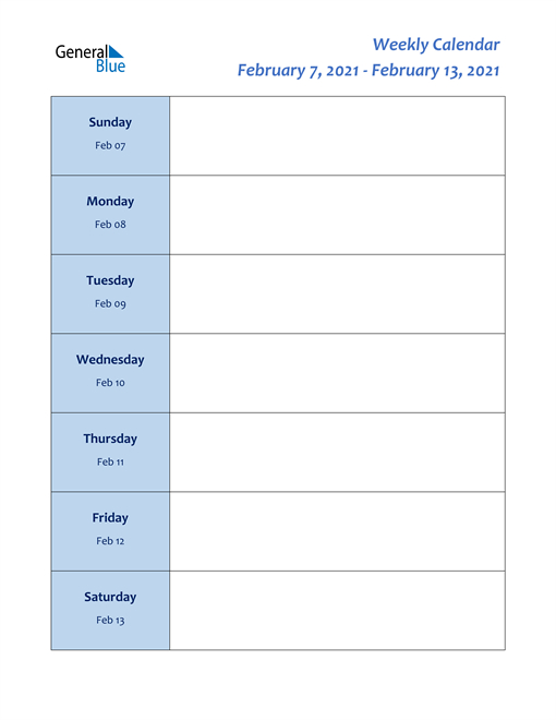 Weekly Calendar - February 7 2021 To February 13 2021