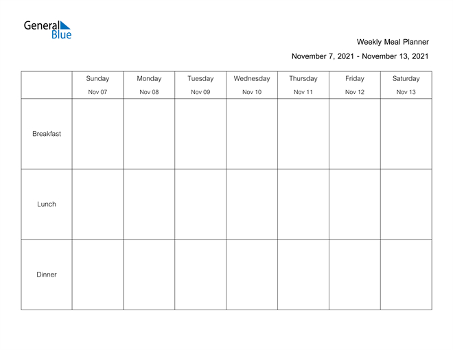 Weekly Calendar - November 7 2021 To November 13 2021