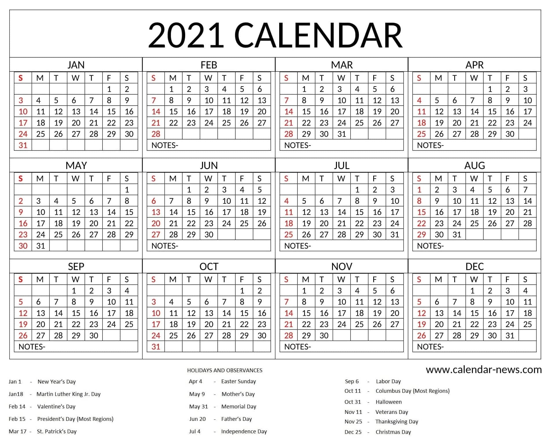 Year 2021 Calendar With Holidays Usa Uk Canada Australia