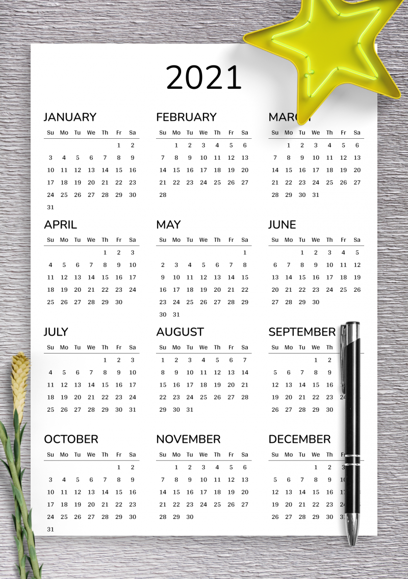 Year At A Glance Calendar 2021 Free Printable | Free