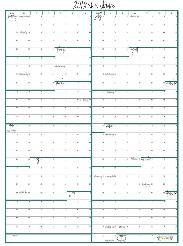 Online Year At A Glance Calender Download 11X17 | Calendar Printables ...