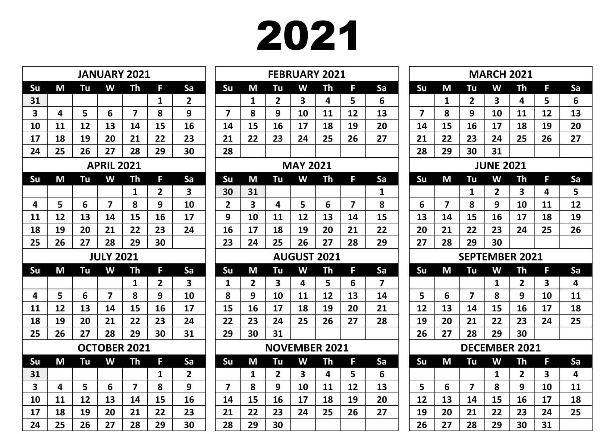 Yearly Calendar 2021 Printable Cute In One Page - One