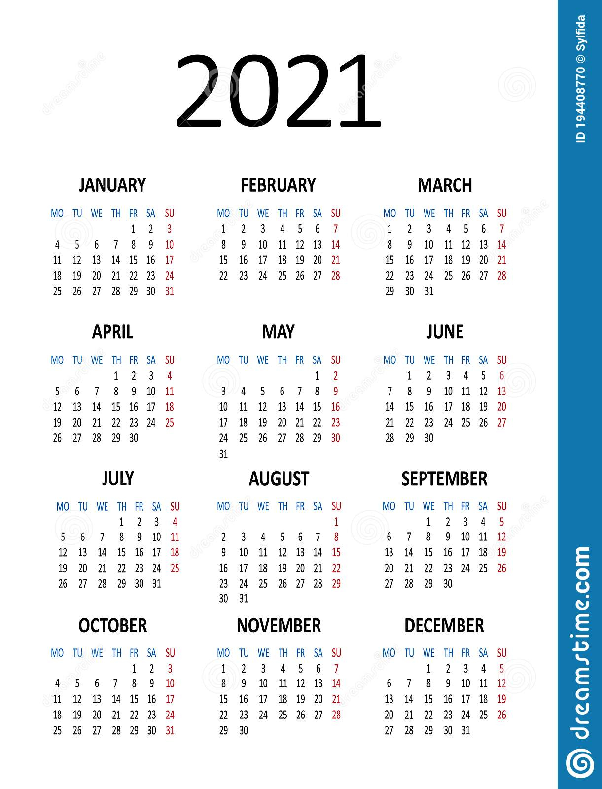 Yearly Calendar 2021. Week Starts From Monday. Vector