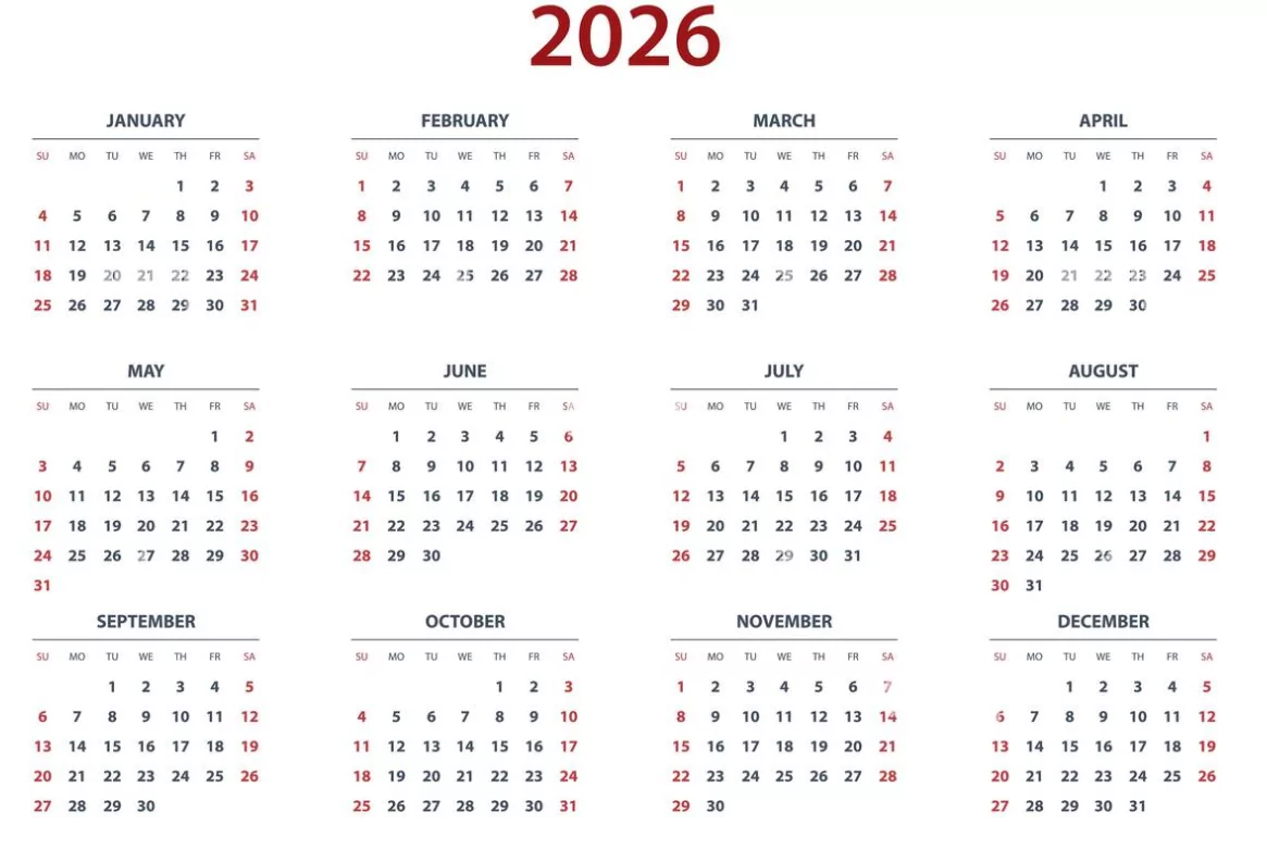 2026 wall calendar with modern minimalist design hanging in office
