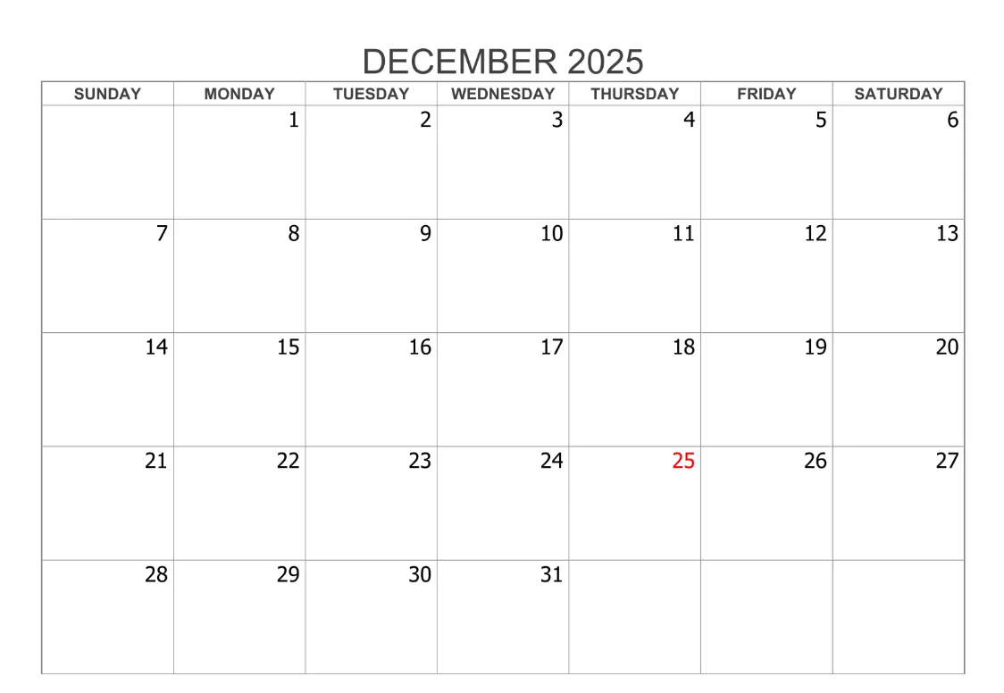 Blank December 2025 calendar in minimalist landscape layout