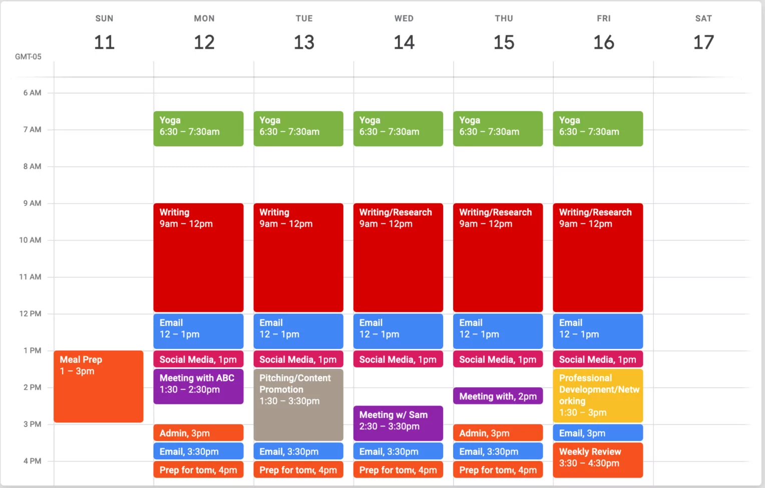 Digital calendar organized with time blocking method