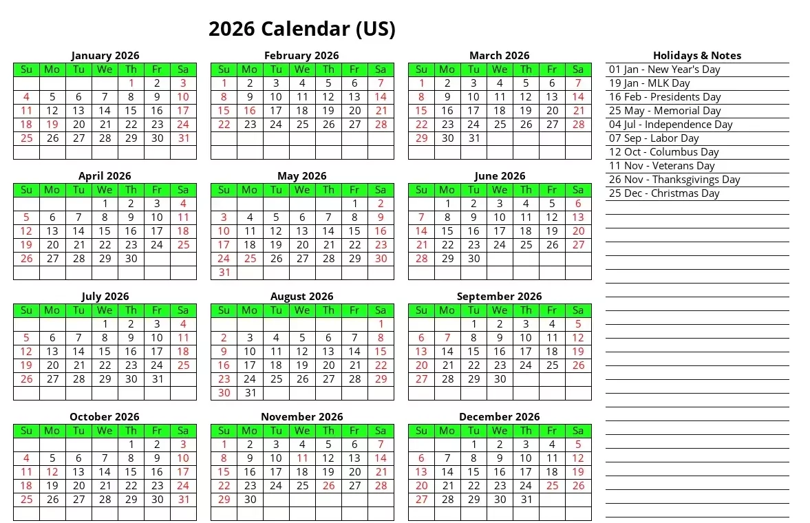 Editable 2026 calendar PDF with notes and Monday start option