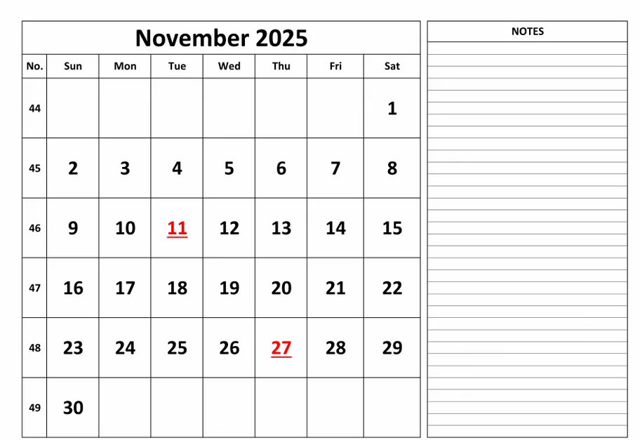 Free November 2025 calendar image for work and home planning