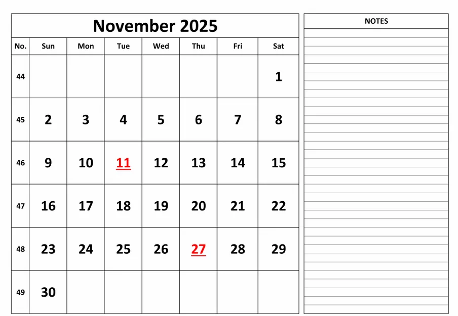 Free November 2025 fillable calendar with notes and color coded schedule
