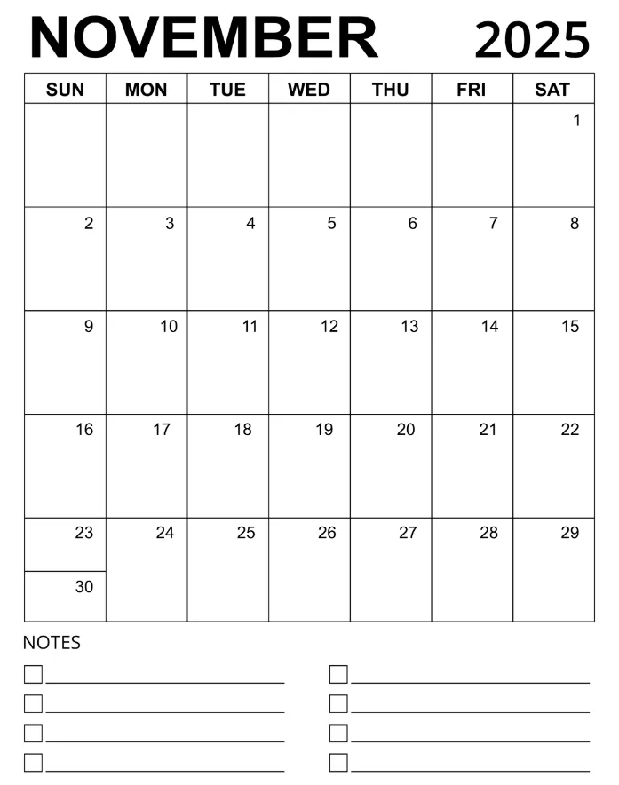 Free printable blank November 2025 calendar layout with clean white design