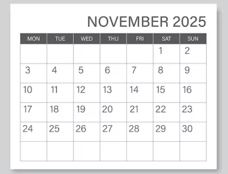 Minimalist November 2025 calendar image for personal and work planning
