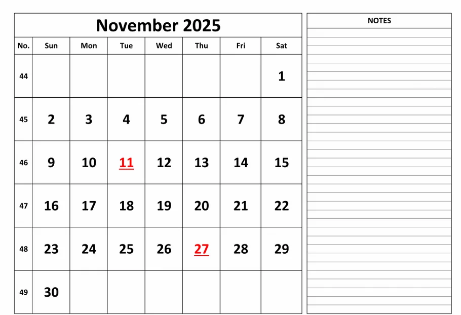 Minimalist November 2025 monthly calendar image for personal and work planning