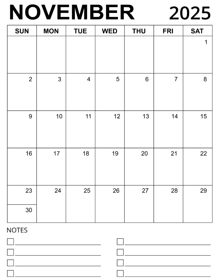 Minimalist November 2025 monthly calendar printable JPG