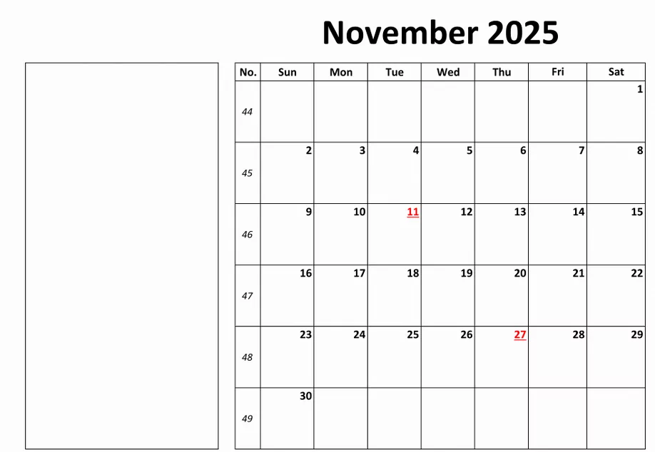 November 2025 calendar image in PNG with notes section