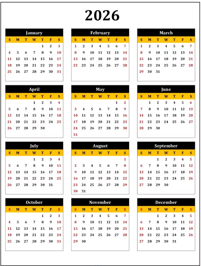 Printable 2026 Adobe calendar design for professional planners
