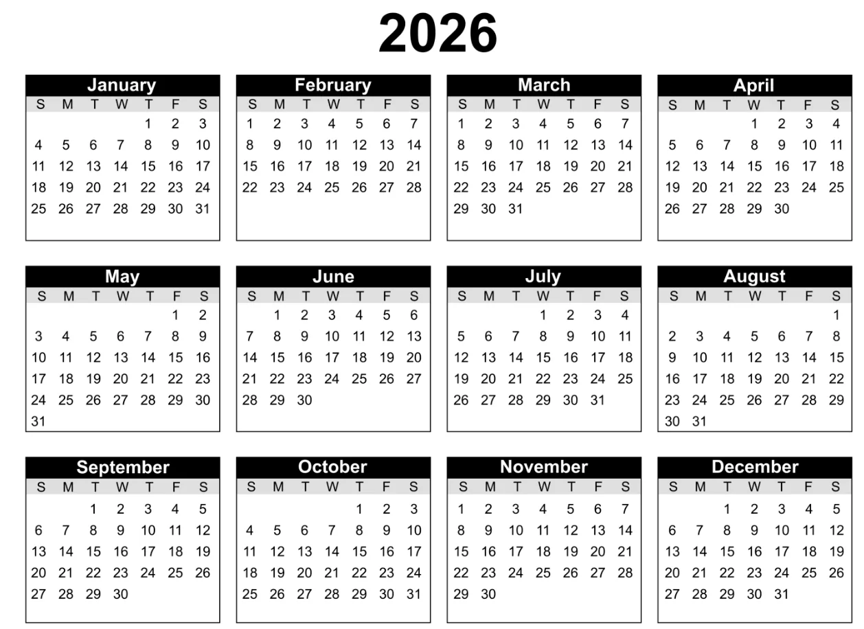 Printable 2026 yearly calendar template with ISO week numbers clearly displayed