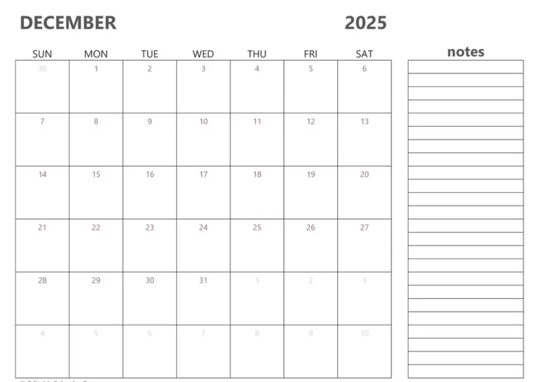 Printable December 2025 calendar JPG with notes column