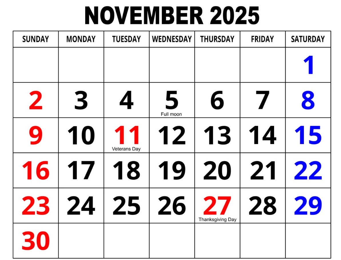 Printable November 2025 calendar in landscape style with holidays