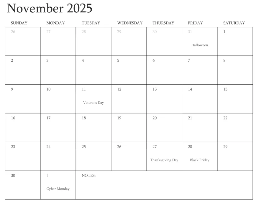 Printable November 2025 calendar picture with U.S. holidays