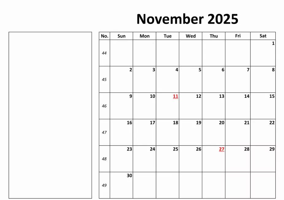 Printable November 2025 calendar with notes column in landscape layout