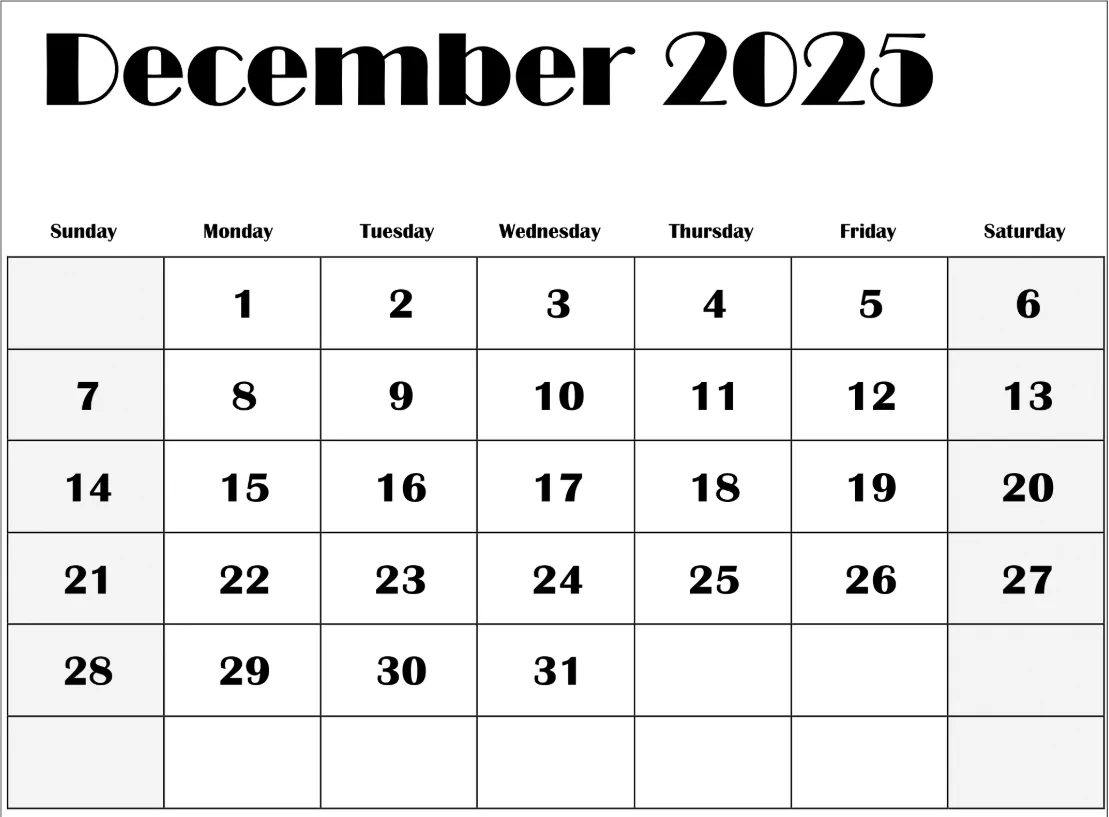 Simple December 2025 calendar PNG template with large day boxes