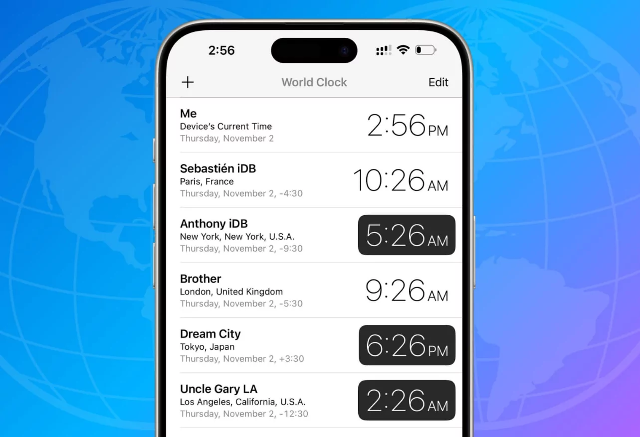 Digital calendar showing multiple time zone bar