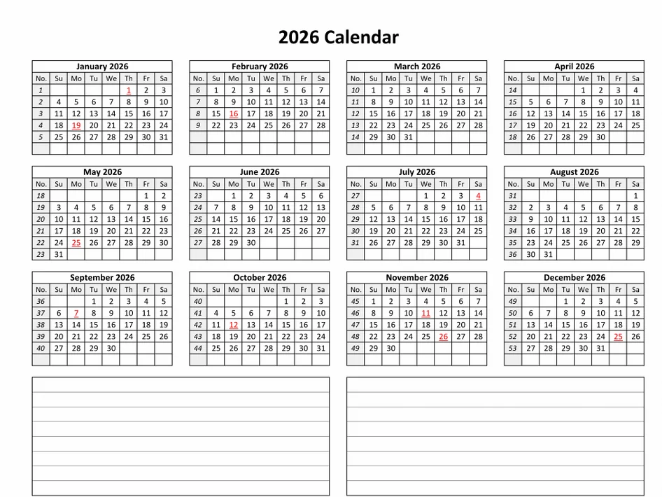 Editable 2026 Google Sheets calendar template with custom colors and notes section for daily planning