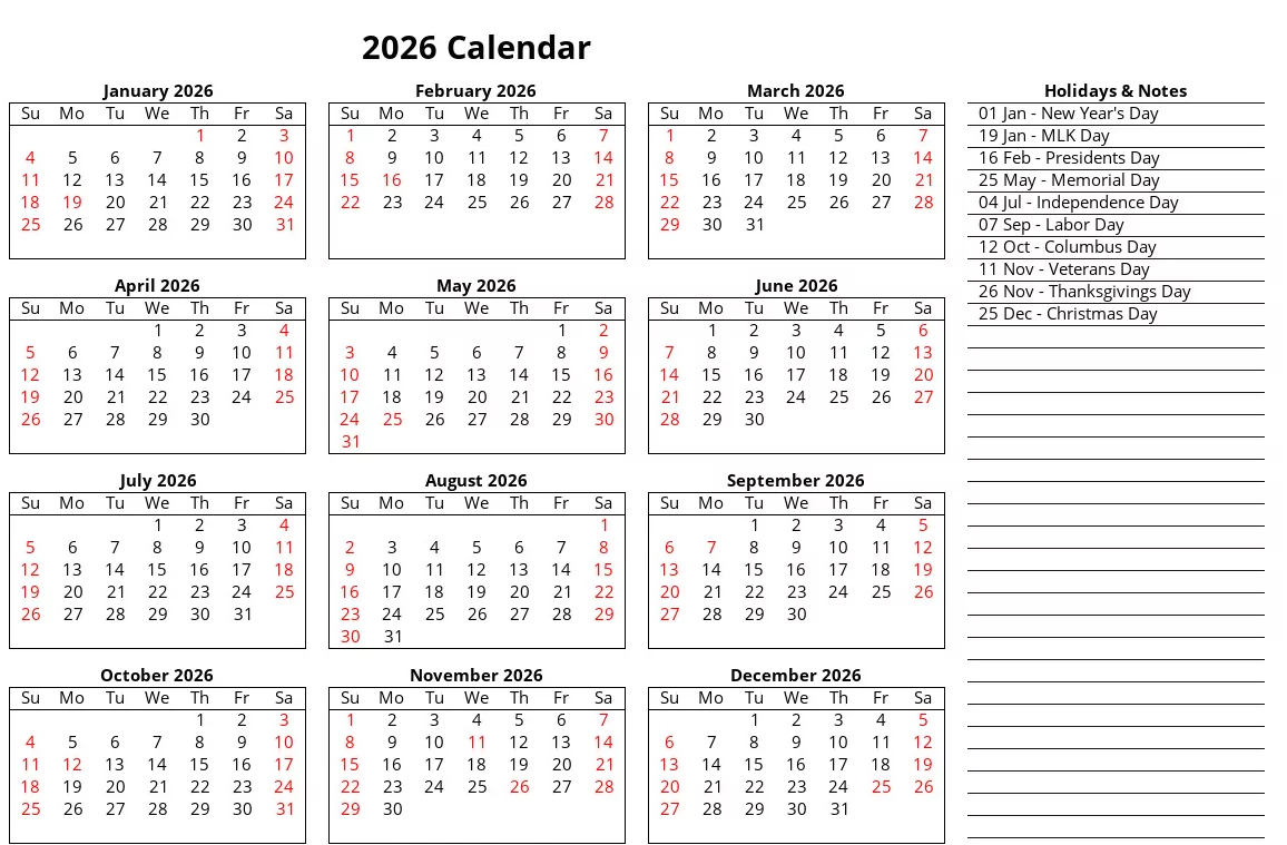 Microsoft Excel 2026 calendar layout showing monthly grid, weekend highlights, and automatic date formulas
